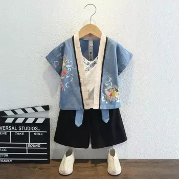 Летний Тонкий детский костюм Hanfu в китайском стиле, улучшенный костюм для мальчиков из хлопка и льна, костюм Тан из двух предметов