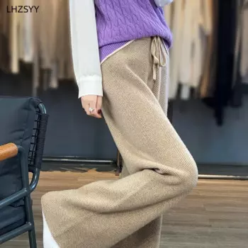 LHZSYY, осенне-зимние новые широкие брюки из 100% чистой шерсти, женские корейские прямые брюки с высокой талией, свободные кашемировые вязаные брюки