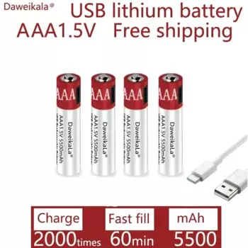 Литий-ионная аккумуляторная батарея USB большой емкости 1,5 В AAA 5500 мАч для дистанционного управления беспроводной мышью + кабелем