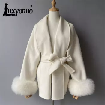 Luxyonuo женское пальто из 100% шерсти с манжетами из натурального лисьего меха, шерстяные пальто для зимы, женская новая верхняя одежда 2024, осенняя модная женская куртка