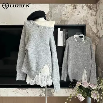 LUZHEN 2024 Новый асимметричный дизайн, Свободный вязаный пуловер с длинным рукавом, женский модный персонализированный кружевной топ, комплекты AA1775
