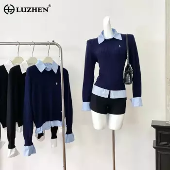 LUZHEN 2024, осенне-зимний модный новый вязаный пуловер с длинными рукавами, лоскутные рубашки, женские элегантные повседневные поддельные рубашки из двух предметов AA1530