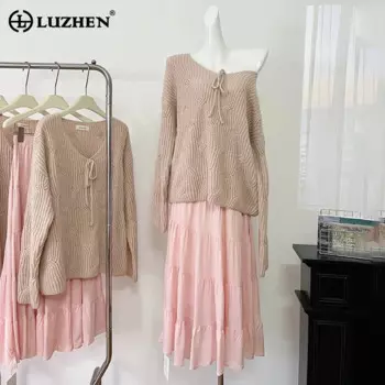 LUZHEN элегантный модный однотонный Свободный Повседневный вязаный пуловер с V-образным вырезом и простая Женская длинная юбка 2024 комплект из двух частей AA1718