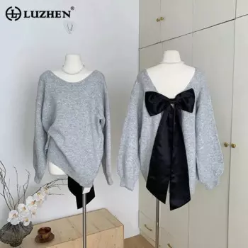 LUZHEN модный свободный вязаный пуловер с большим вырезом, женский 2024, новый индивидуальный бант, украшенный однотонный повседневный свитер, топы AA1956