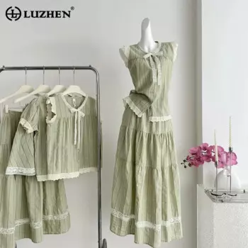 LUZHEN полосатый Печатный кружевной сращивающийся дизайн без рукавов Футболка Складная длинная юбка женский 2024 праздничный повседневный комплект из двух частей AA1602