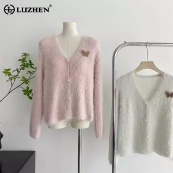 LUZHEN Высококачественный модный флисовый вязаный кардиган для женщин 2024, новый элегантный однотонный повседневный свитер с v-образным вырезом и длинными рукавами AA1926