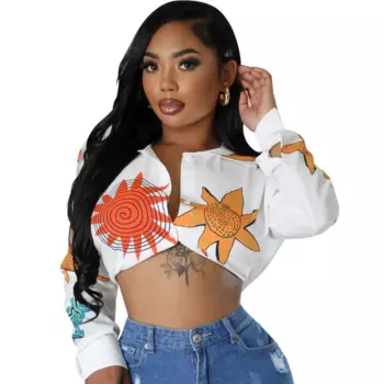 M3204 European and American women's autumn and winter new printed triangular scarf shawl collar button long sleeve shirt