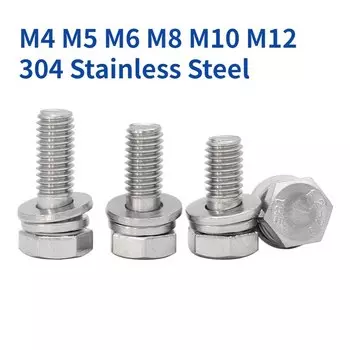 M4 M5 M6 M8 M10 M12 304 Стандартный шестигранный винт из нержавеющей стали, плоская шайба, пружинная прокладка, три комбинированных болта