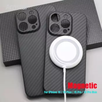 Магнитный чехол Amstar из углеродного волокна для iPhone 15 Pro Max 15 Plus, ультратонкая Защита объектива, чехол из арамидного волокна, поддержка Magsafe.