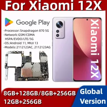 Материнская плата 5G для Xiaomi 12X, 2112123AG, разблокированная логическая плата, с установленным Google Playstore, 128 ГБ, 256 ГБ глобальной прошивки
