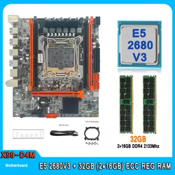 Материнская плата X99, Семейный комплект Xeon E5 2680 V3 ЦП с 32 Гб (2 шт. * 16 Гб) DDR4 2133 МГц память REG E5 2680V3, материнская плата компьютера