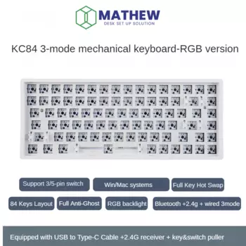 MATHEW KC84 Трехрежимная беспроводная механическая клавиатура Barebone 84 клавиши 75% раскладка горячей замены RGB игровая клавиатура DIY Kit для Mac/Win