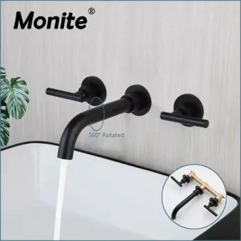 Матовый черный смеситель для ванной комнаты Monite, смеситель для ванны, потоковый смеситель, настенный однотонный латунный Смеситель для раковины, смеситель с соединительной трубой