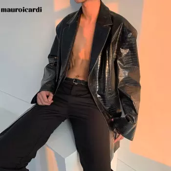 Mauroicardi Весенние черные мужские куртки из искусственной кожи со светоотражающим крокодиловым принтом Модная кожаная куртка высокого качества, мужской блейзер куртка кожаная оверсвйз. кожаный пиджак мужской 2022