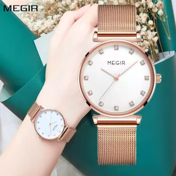 MEGIR кварцевые наручные часы, женские часы-браслет, женские часы из нержавеющей стали с сеткой, модные роскошные водонепроницаемые часы, женские часы под платье