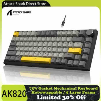 Механическая клавиатура Attack Shark x AJAZZ AK820 с прокладкой и ручкой, раскладка 75% ANSI, 5-слойная пена, горячая замена, линейный переключатель, RGB
