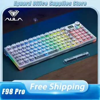 Механическая клавиатура Aula F98 Pro с экраном, прозрачная трехрежимная беспроводная клавиатура, колпачки для клавиш GDA, прокладка RGB, клавиатуры для ПК и геймеров