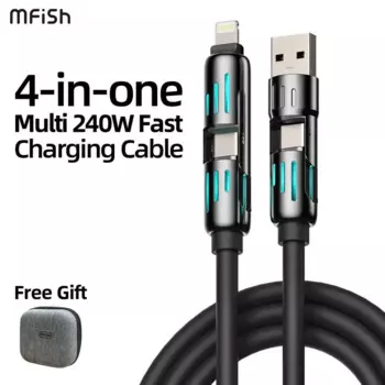 MFISH 4-в-1 Multi USB-кабель для зарядки с USB A, тип C, Lightning-Max, 240 Вт, быстрая зарядка и синхронизация данных для iPhone 16/15, iPad Pr
