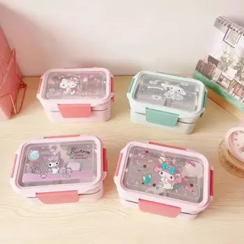 Милая двухслойная Ланч-бокс Sanrio Kuromi Bento с изоляцией из нержавеющей стали для риса, антиожогов, столовая посуда Cinnamoroll