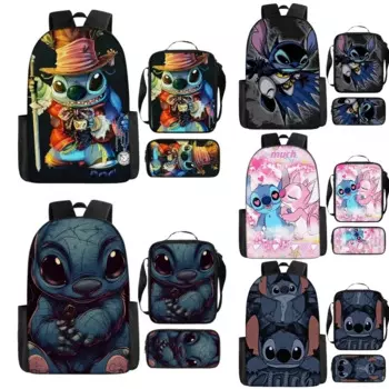 Милые рюкзаки MINISO Stitch, комплект из трех предметов, детский рюкзак, студенческий рюкзак, дорожная сумка, сумка на плечо, карандаш, Женский комплект