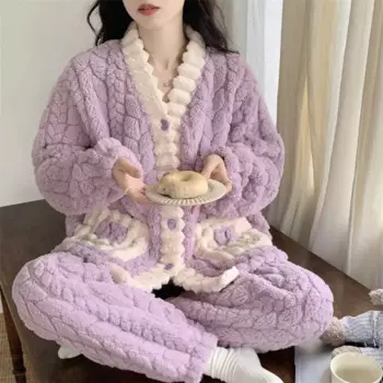 Милый плюшевый флисовый комплект для сна, лоскутный домашний костюм с карманами, Фланелевая пижама с цветочным рисунком для женщин и девочек