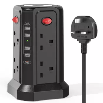 Многофункциональная розетка UK tower с быстрой зарядкой USB и портом PD 20 Вт, поддерживает высокую мощность 3250 Вт, подходит для домашнего и офисного использования