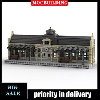 Конструктор MOC большой город, железнодорожная станция, набор строительных блоков, архитектура, поезд, Коллекционная серия, игрушки, подарки