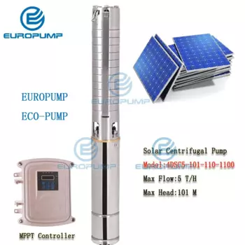 Модель EUROPUMP (4DSC5-101-110-1100) солнечный насос MPPT контроллер SS304 рабочее колесо скважина 110В 1.5HP 1100 Вт макс головка 101 м, поток 5т/ч