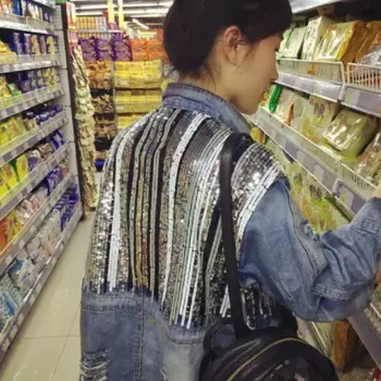Модная новинка Модная брендовая блестящая джинсовая куртка с блестками верхняя одежда женская Свободная джинсовая куртка большого размера wj126