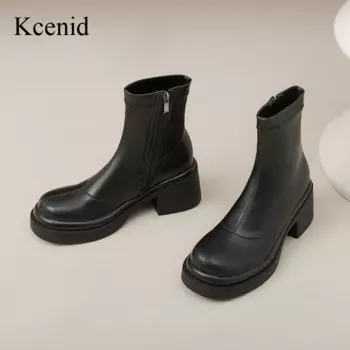 Модная винтажная повседневная обувь Kcenid, женские ботильоны на весну и осень, с круглым носком, на массивном высоком каблуке, стандартная коричневая обувь
