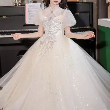 Модное элитное бальное платье в китайском стиле с круглым вырезом и короткими рукавами, изысканное платье трапециевидной формы с цветочной аппликацией, простое корейское платье для выпускного вечера