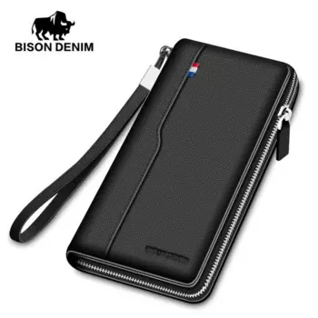 Модные брендовые мужские кошельки BISON DENIM, длинные бумажники из натуральной кожи на молнии, вместительный кошелек с отделением для кредитных карт