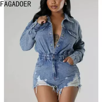 Модные Качественные хлопковые эластичные джинсовые комбинезоны FAGADOER, женские облегающие комбинезоны с отложным воротником и длинным рукавом, ковбойские комбинезоны для сна