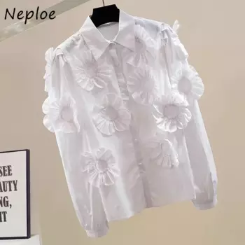 Модные милые блузки Neploe с 3D цветами, женская блузка Y2k с отложным воротником, женская Свободная блузка с длинным рукавом, Новинка лета 2024