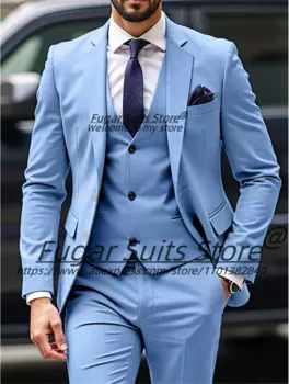 Модные небесно-голубые деловые мужские костюмы Slim Fit с зубчатыми лацканами, свадебные смокинги для жениха, комплекты из 3 предметов, классические мужские пиджаки, костюм Homme
