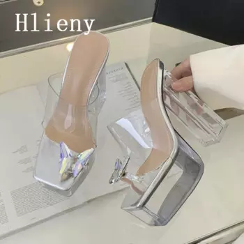 Модные прозрачные шлепанцы Hlieny из ПВХ с бабочками и кристаллами на платформе, летние женские сандалии с открытым носком и квадратным каблуком, женская танцевальная обувь