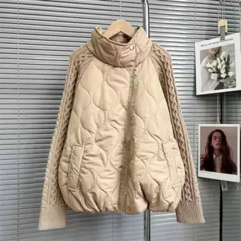 Модные женские пальто, нишевые стеганые куртки с воротником-стойкой, вязаные рукава, лоскутное пальто, трендовая Повседневная Свободная куртка на осень и зиму