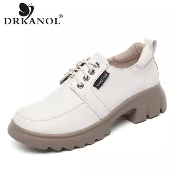 Модные женские туфли DRKANOL на шнуровке с круглым носком на среднем толстом каблуке, повседневные женские туфли из натуральной воловьей кожи, теплая осенне-зимняя обувь H5089