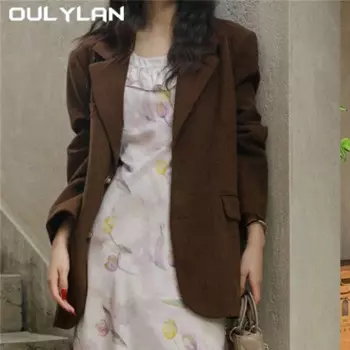 Модный коричневый вельветовый пиджак Oulylan с отложным воротником и длинным рукавом, Женский Осенний однобортный свободный Блейзер большого размера, костюм, пальто