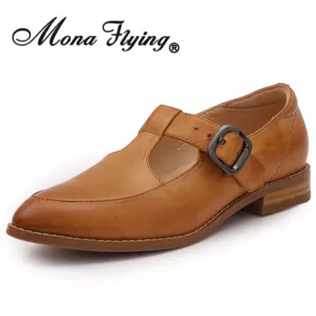 Mona Flying женские лоферы из натуральной кожи Мэри Джейн с острым носком, классические туфли на плоской подошве с пряжкой и Т-образным ремешком, женская офисная рабочая обувь BJL089-7