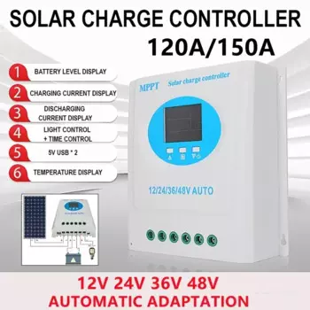 MPPT Контроллер заряда солнечной батареи 120/150A Dual USB 12 В 24 В 36 В 48 В Автоматическое зарядное устройство панели солнечных батарей Регулятор свинцово-кислотной/литиевой батареи