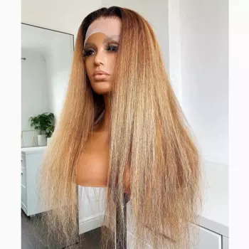 Мягкий Ombre Blonde Yaki Kinky Straight 180 Плотность 26 дюймов Длинный парик фронта шнурка для женщин с волосами ребенка Предварительно выщипанные Ежедневно Бесклеевой