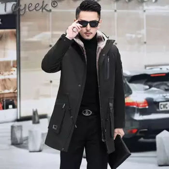 Мужская парка с натуральным мехом Tcyeek, зимние куртки средней длины, Мужская одежда, пальто с капюшоном, Мужская Модная приталенная Меховая куртка
