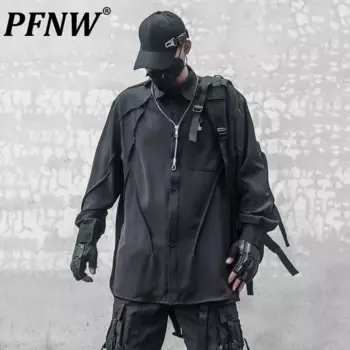 Мужская свободная рубашка PFNW, черная Повседневная рубашка с асимметричным подолом, в стиле пэчворк, модель 12C376 на осень, 2024