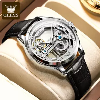 Мужские автоматические механические часы OLEVS с турбийоном, дизайнерские часы-скелетоны, ограниченный выпуск, модные наручные часы с кожаным ремешком, 6661