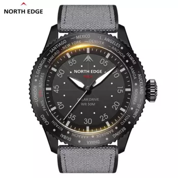 Мужские часы NORTH EDGE MACH 2024, новый дизайн, часы на солнечной энергии, двойной часовой пояс, водонепроницаемые, TPR, нейлоновый ремешок, мужские часы Pilot