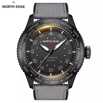 Мужские часы NORTH EDGE MACH 2024, новый дизайн, часы на солнечной энергии, двойной часовой пояс, водонепроницаемые, TPR, нейлоновый ремешок, мужские часы Pilot