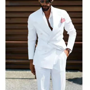 Мужские костюмы Slim Fit, двубортный свадебный смокинг для жениха, комплект из 2 предметов, белый деловой стиль, мужской модный пиджак с брюками