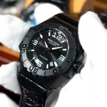 Мужские спортивные часы Reef Tiger/RT, полностью черные Автоматические механические часы, военные часы с кожаным ремешком, мужские часы RGA6903