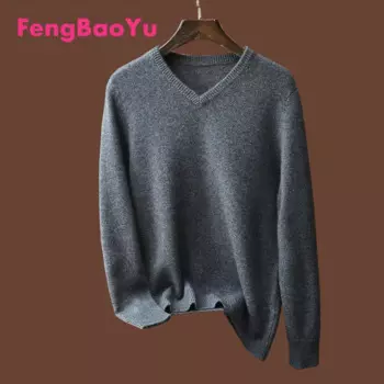 Мужской кашемировый свитер Fengbaoyu, однотонный толстый свитер с V-образным вырезом для осени и зимы, 100%